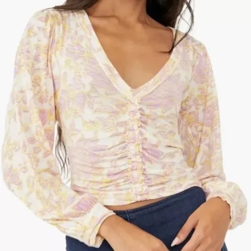 Free People Say The Word Ruched Floral Long Sleeve Top Pink Yellow Small