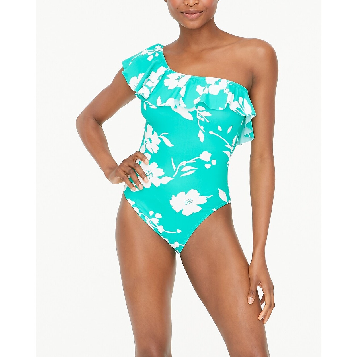J. Crew Ruffle One Shoulder Floral One Piece Swimsuit Green Small
