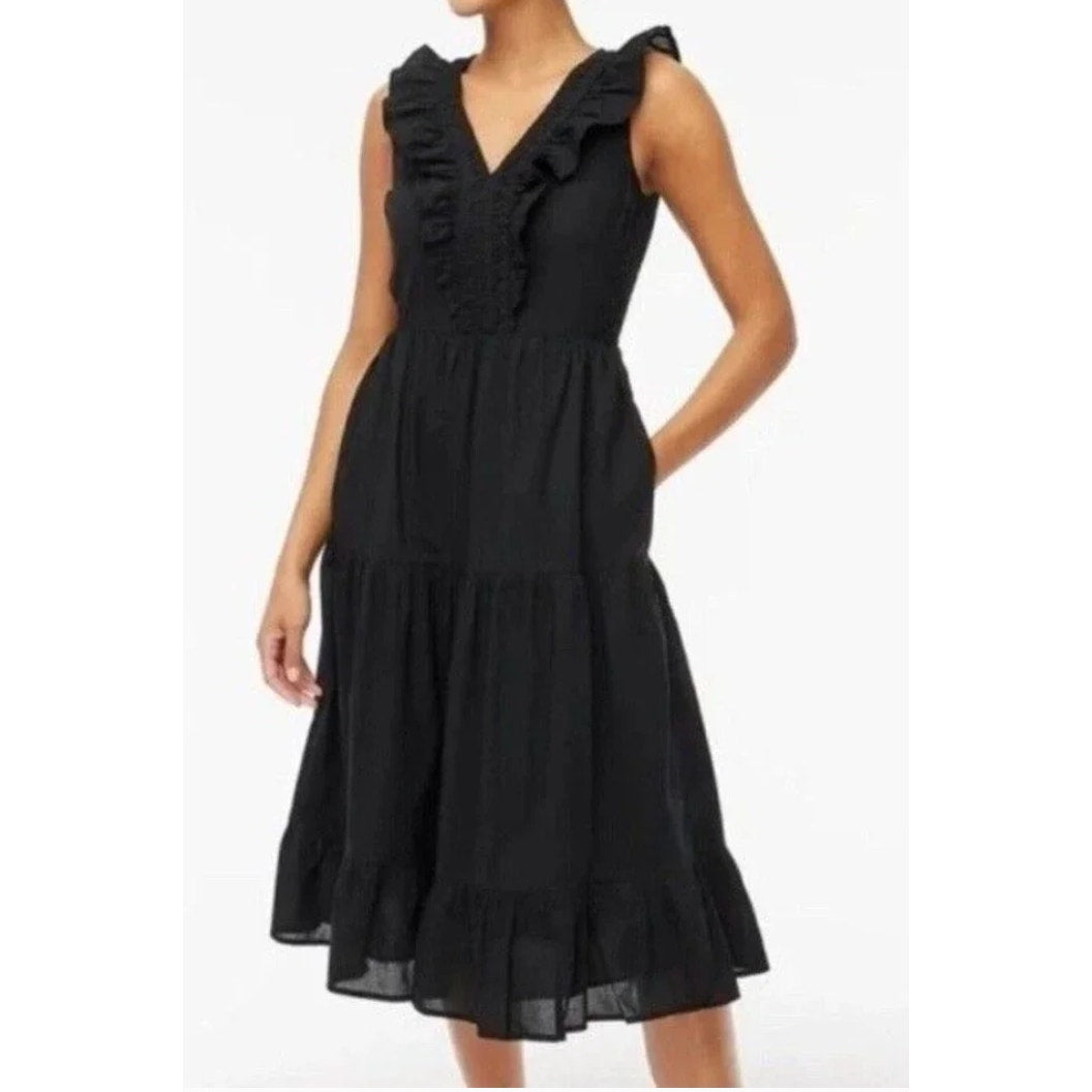 J. Crew V Neck Smocked Ruffle Sleeveless Cotton Midi Dress Black 6