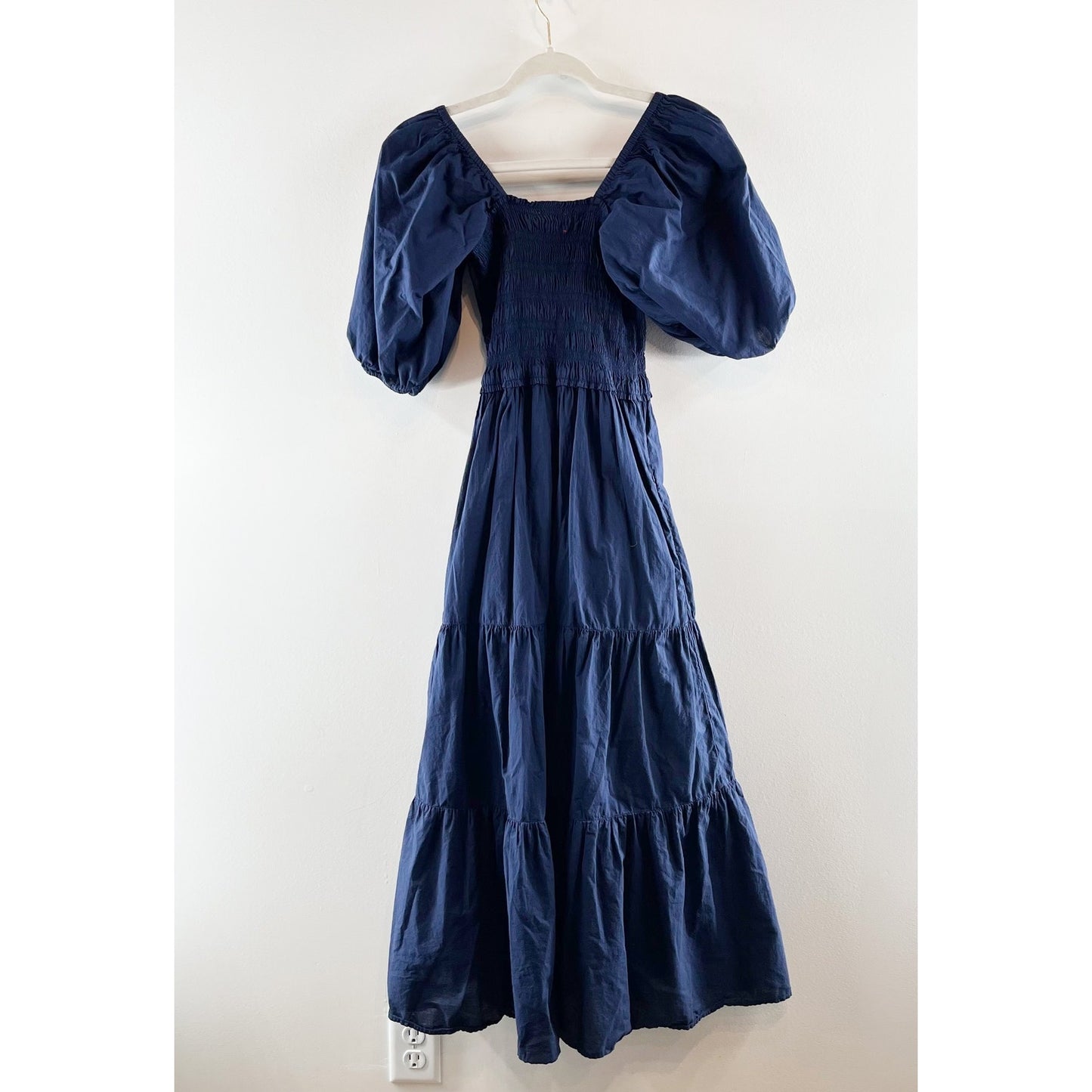 Xirena Chiara Square Neck Short Puff Sleeve Cotton Tiered Midi Dress Blue XS
