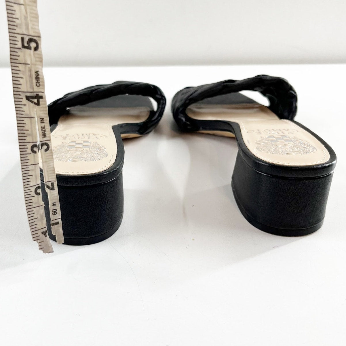 Vince Camuto Semtera Woven Kitten Block Heel Square Toe Slide Sandals Black 6.5