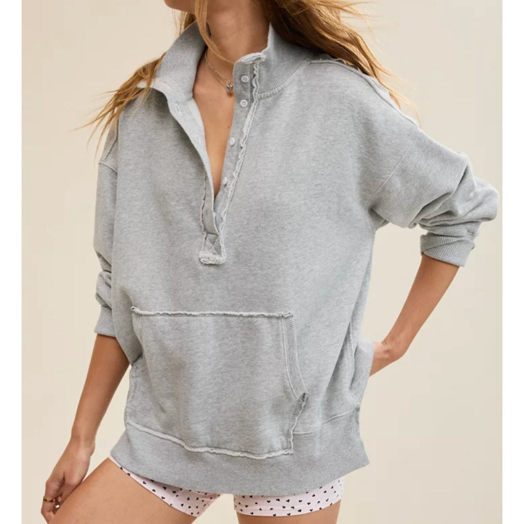 Aerie Vintage Popover Snap Button Polo Sweatshirt Gray Medium