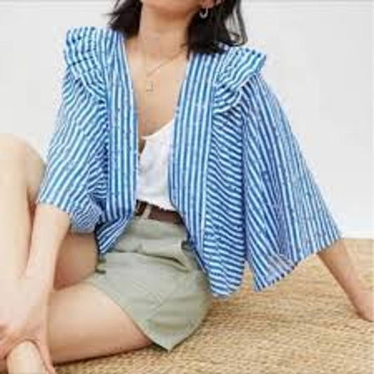 Anthropologie 3/4 Sleeve Striped Open Cropped Eyelet Cardigan Top Blue White O/S