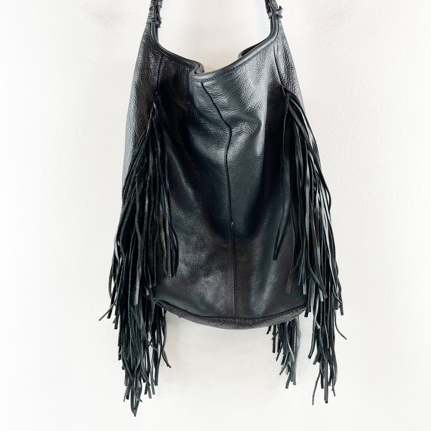 Margot Leather Fringe Hobo Shoulder Bag Purse Black