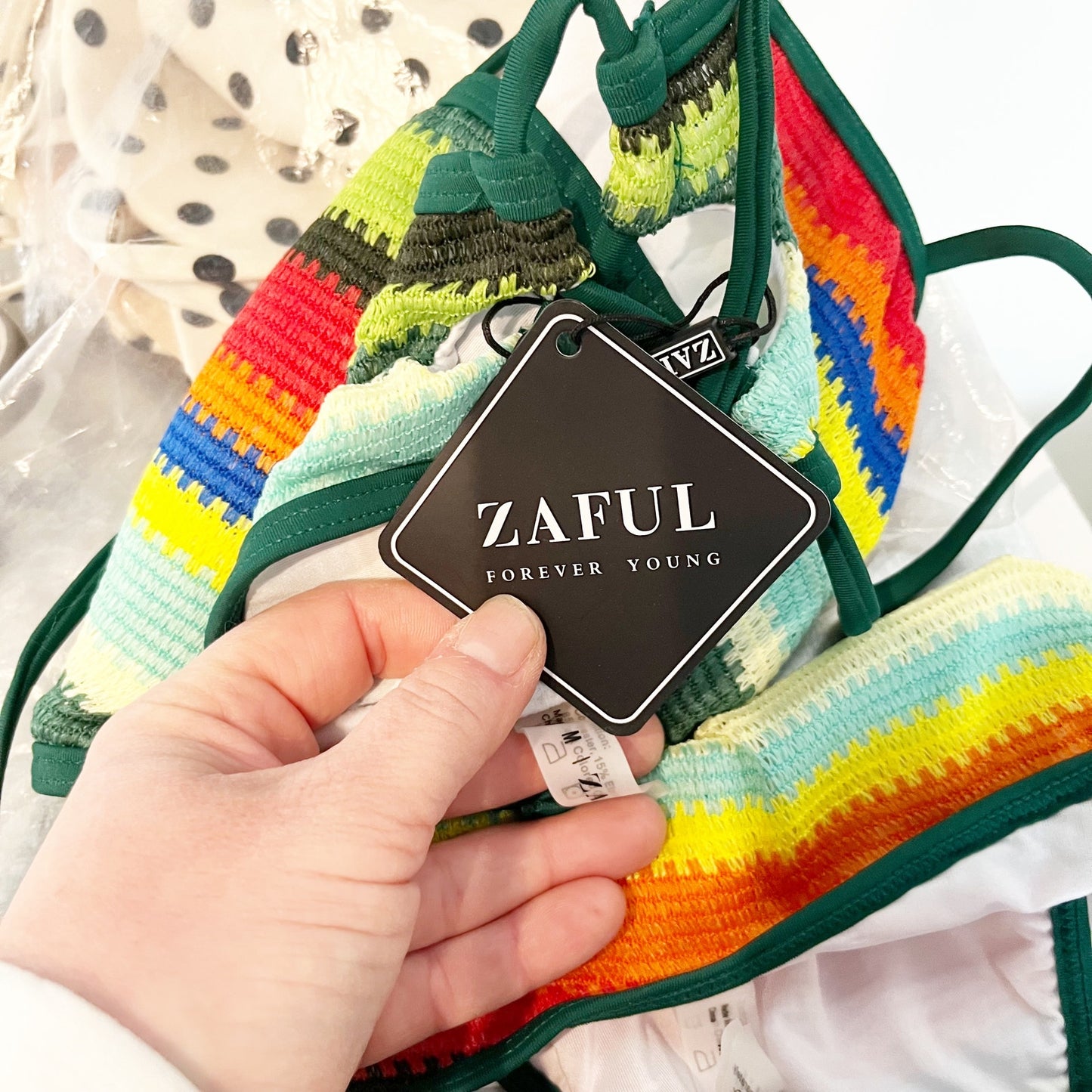 ZAFUL Crochet U Ring Strapless Bandeau Two Piece Bikini Green Orange Medium