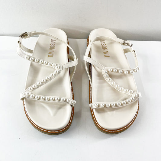Jason Wu Pearl-Embellished Leather Strappy Flat Slingback Sandals White 8