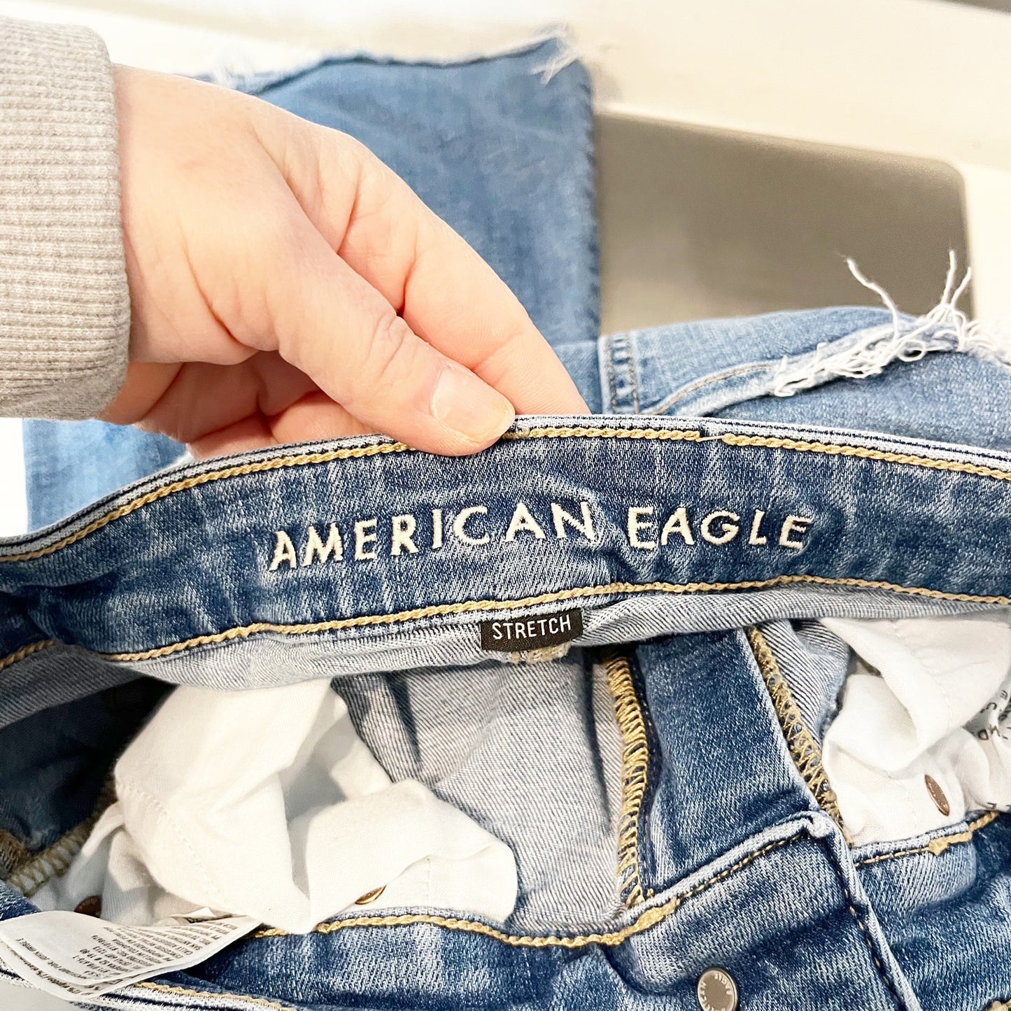 American Eagle Distressed Raw Hem Super High Rise Flare Jeans Blue 2