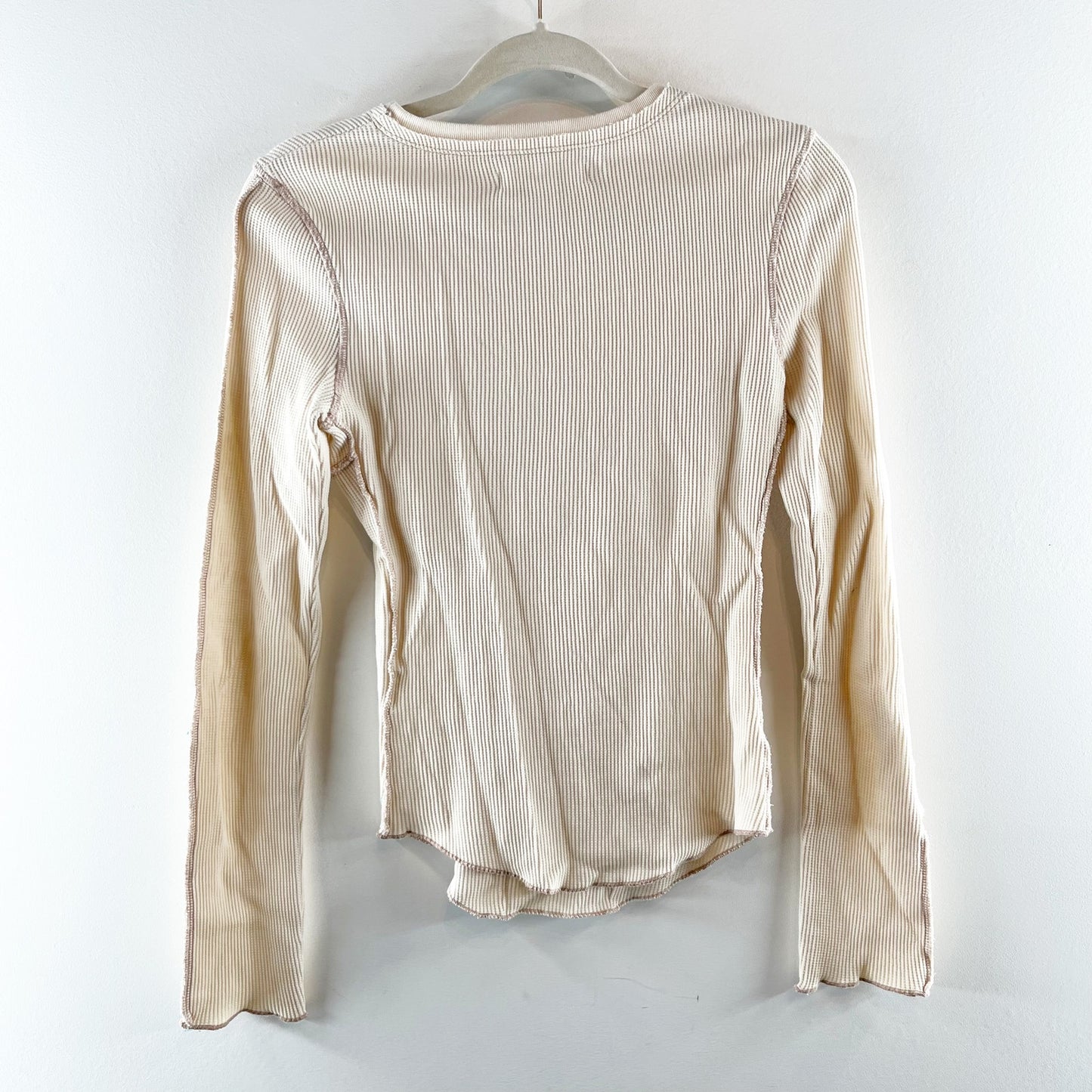 Urban Outfitters Long Sleeve Seamed Thermal Waffle Knit Top Cream Tan Small