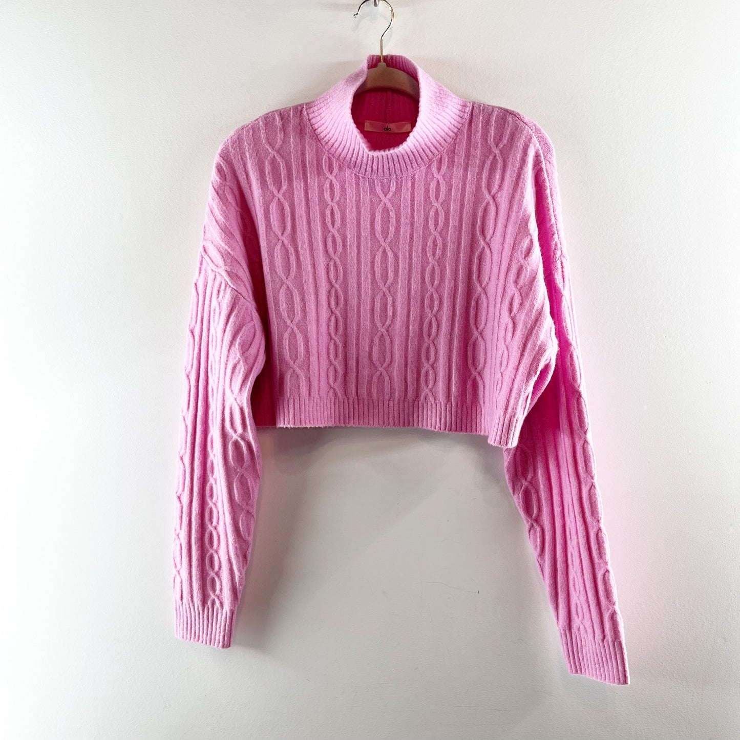 Alo Cable Knit Cropped Winter Bliss Turtleneck Long Sleeve Candy Heart Pink XS