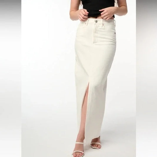 Blank NYC High Rise Cotton Denim Maxi Skirt Ecru Cream 27 / 4