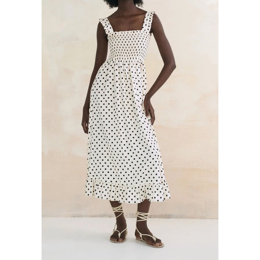ZARA Smocked Square Neck Ruffle Hem Polka Dot Midi Dress Cream Black XS