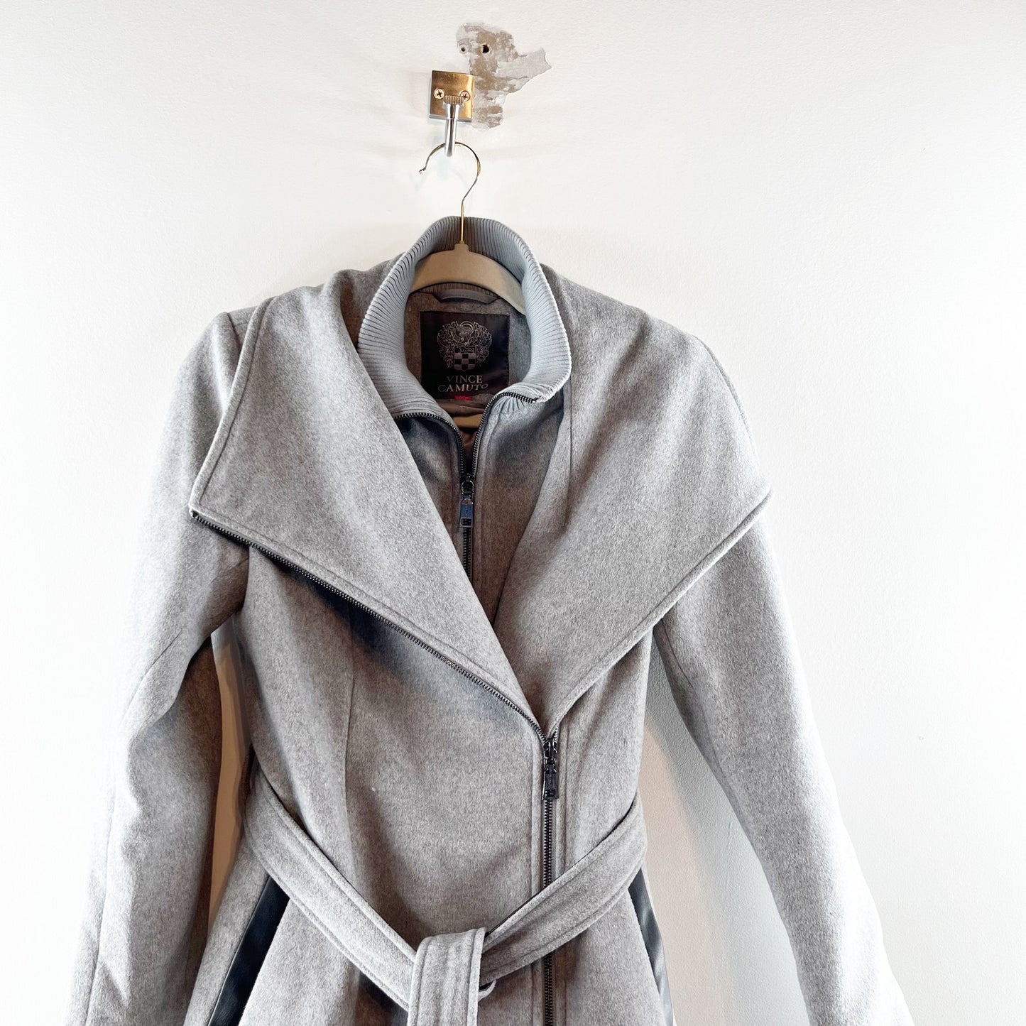 Vince Camuto Belted Asymmetrical Zip Wool Hybrid Coat with PU Trim Gray XXS