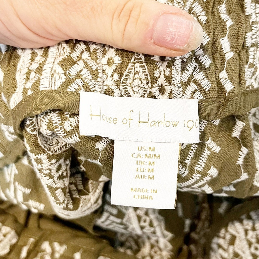 House of Harlow Linen High Rise Embroidered Boho Shorts Green Medium