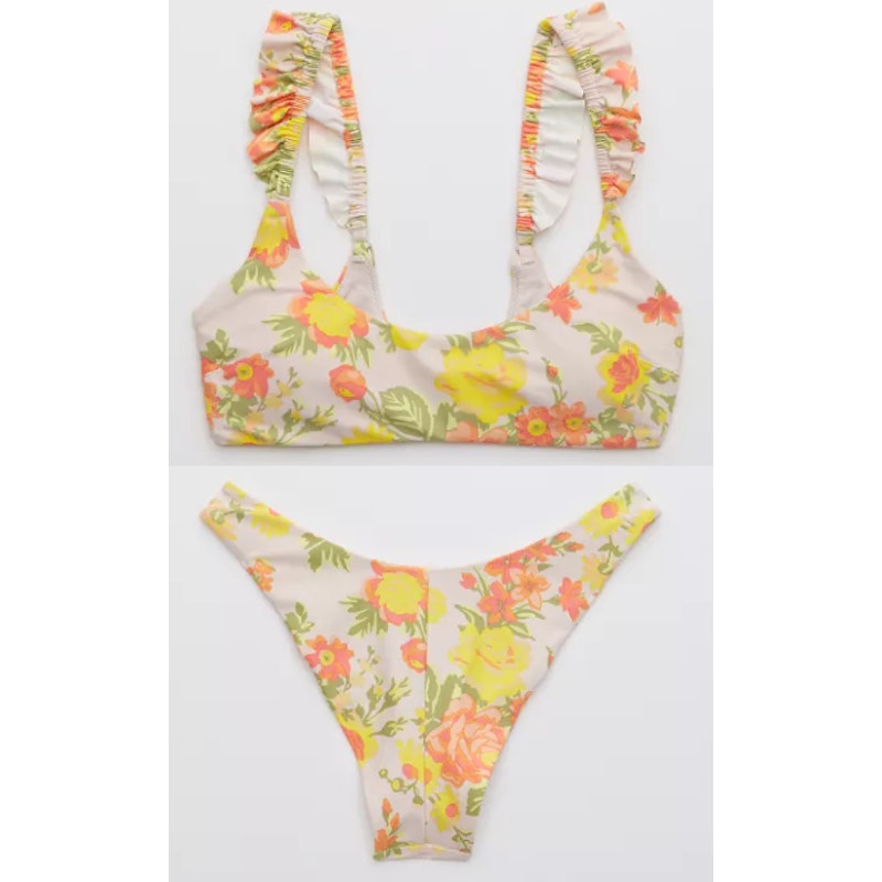 Aerie Printed Ruffle Scoop Bikini Top & High Cut Cheekiest Bikini Bottom Set M