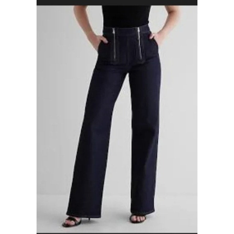 Express High Rise Wide Leg Exposed Double Zipper Dark Wash Jeans 4 Petite