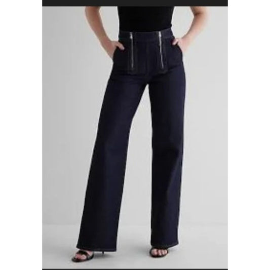 Express High Rise Wide Leg Exposed Double Zipper Dark Wash Jeans 4 Petite