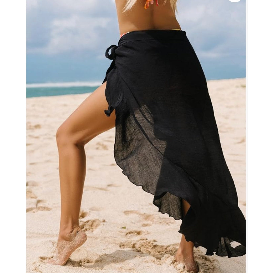 Cupshe Ruffle Trim Maxi Cover Up Wrap Skirt Black One Size