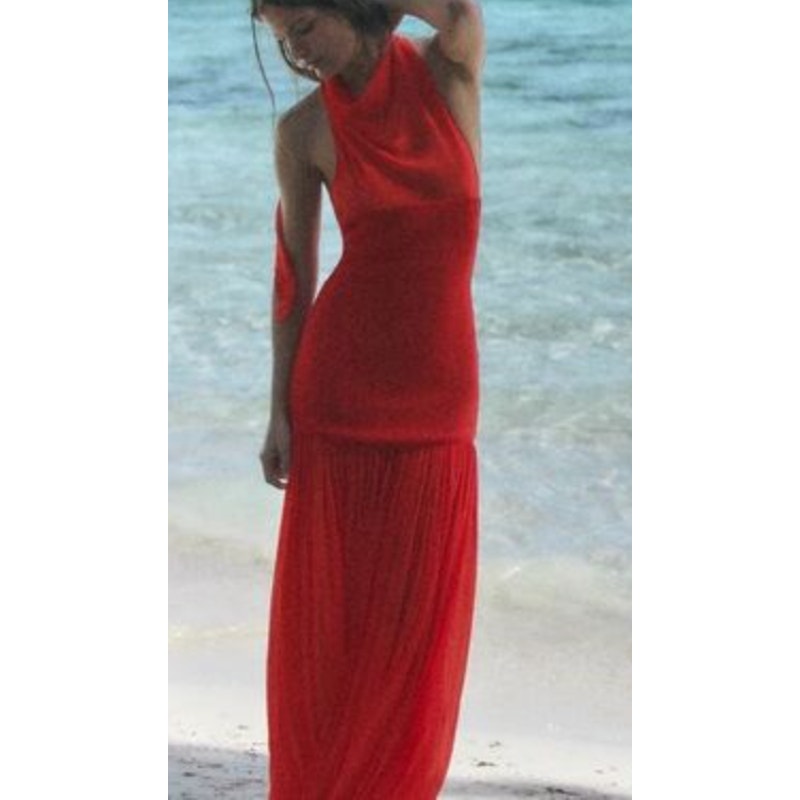 Zara Combination Sleeveless Halter Neck Volume Maxi Dress Red Small