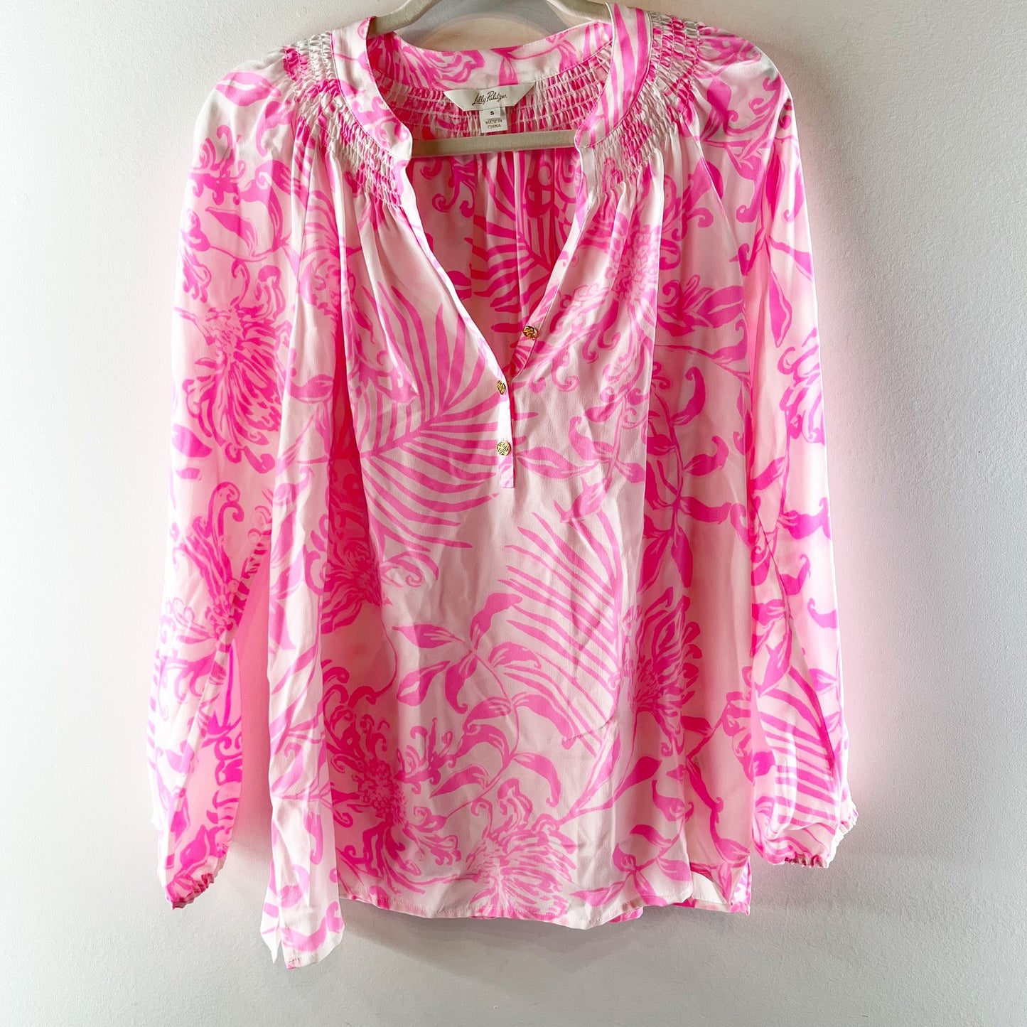 Lilly Pulitzer Elsa Silk Long Sleeve Tropical Print Blouse Top Pink White Small