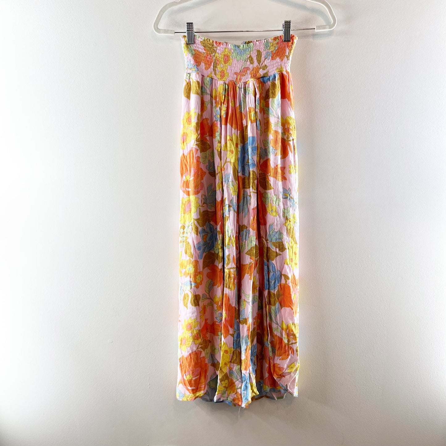 Billabong Wandering Soul 2 Floral Smocked Wide-Leg Pants Yellow Orange Small