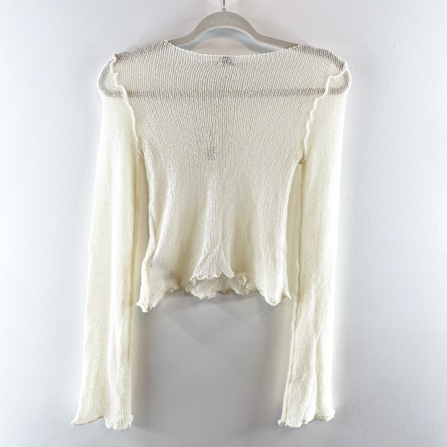 Urban Outfitters Sheer Boatneck Lettuce Trim Bell Sleeve Sweater Top Cream Small