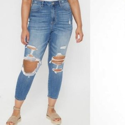 American Eagle Curvy High Rise Mom Distressed Stretch Jeans Blue 6 Petite
