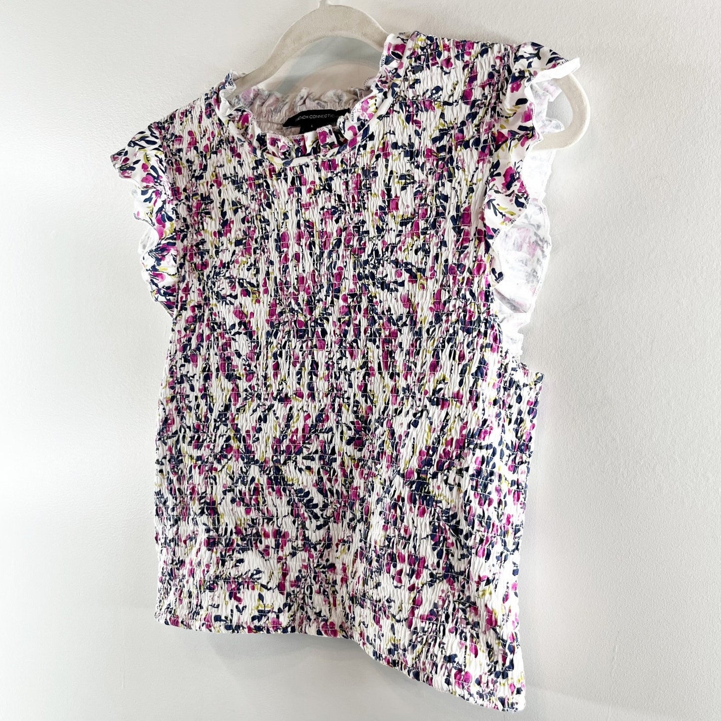 French Connection Ruffle Short Sleeve Smocked Top Blouse Pink Floral Large