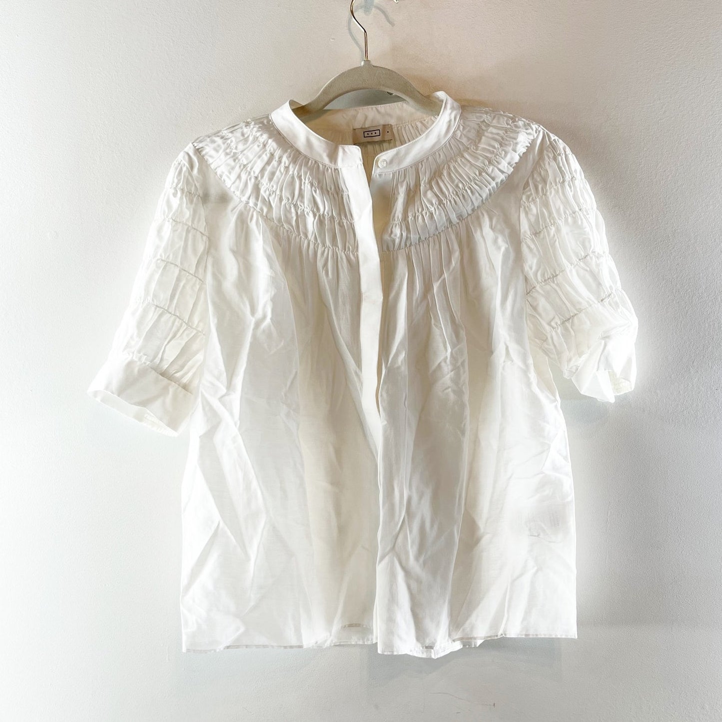 AYR Love Spell Shirred High Neck Elbow Length Cotton Silk Top Blouse White Small
