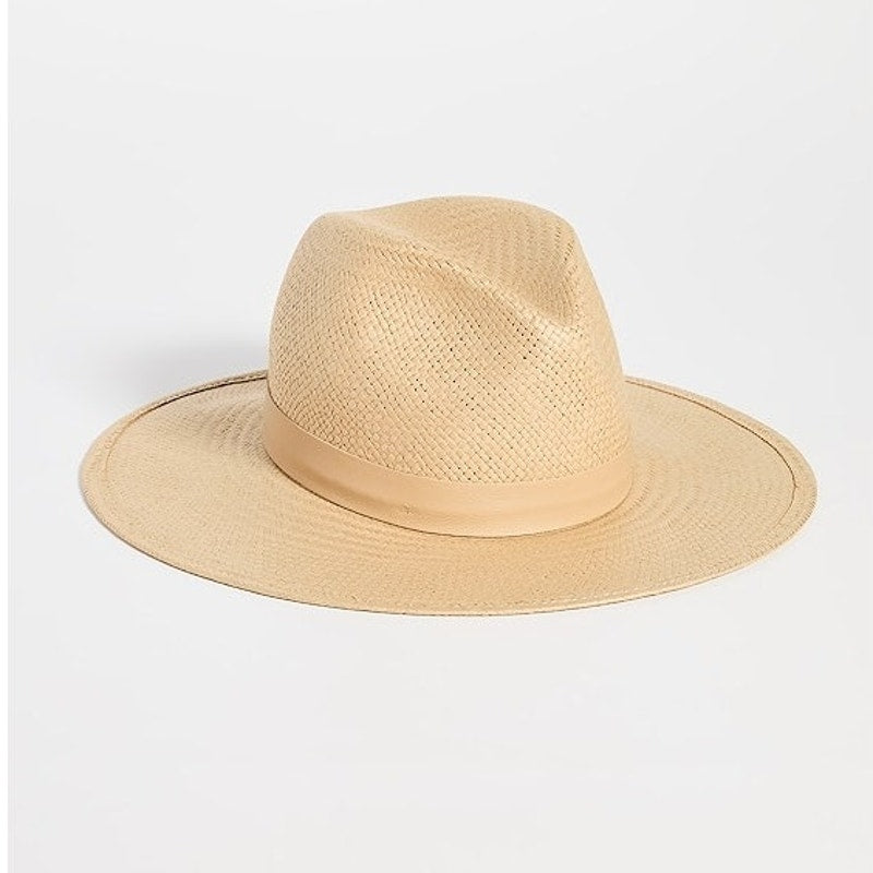 Janessa Leone Simone Woven Packable Straw Fedora Sun Hat Sand Beige Tan Small