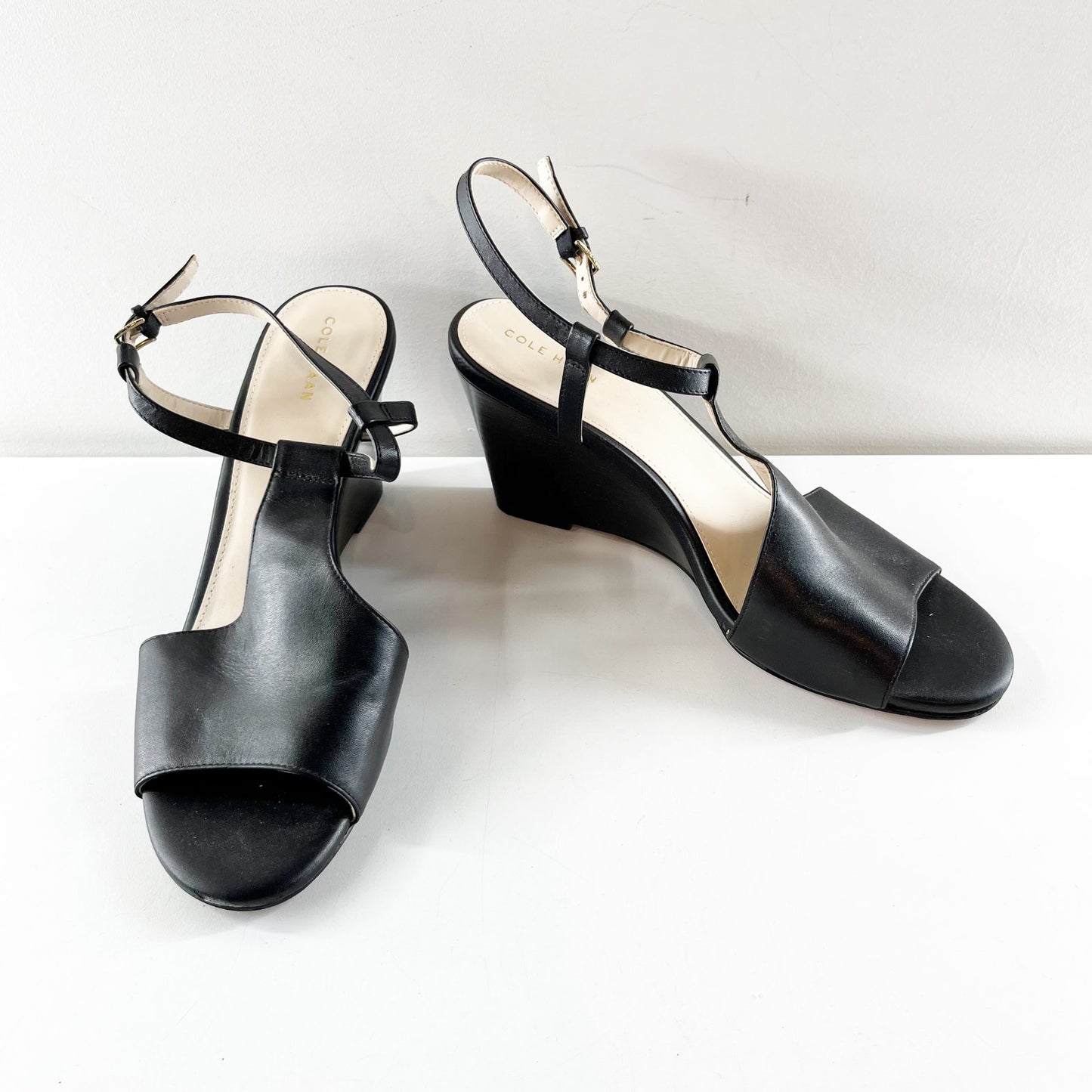Cole Haan Maddie Open Toe Wedge Leather Shoes Sandals Black 9.5