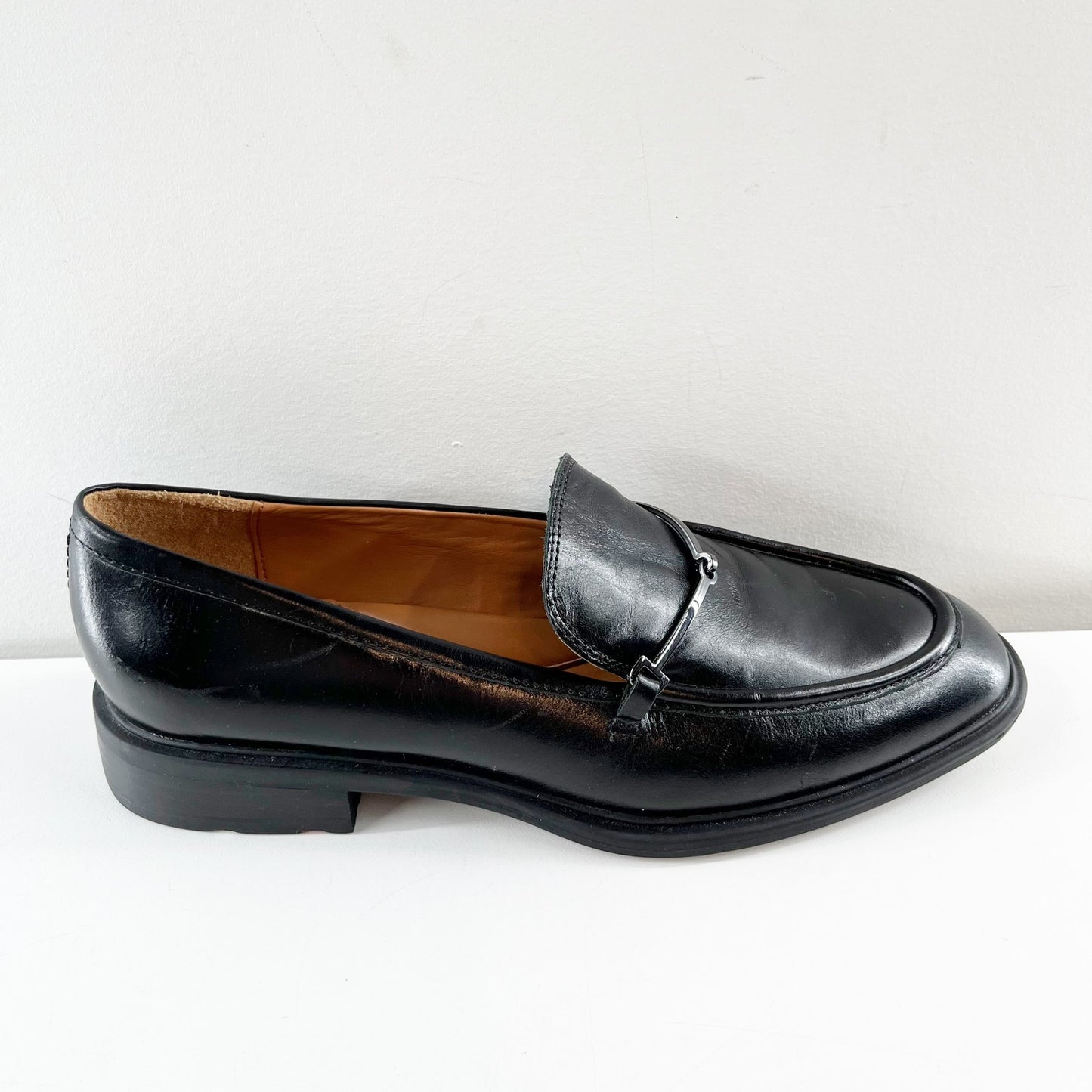 Franco Sarto Eda Leather Classic Slip-On Loafers with Metal Strap Detail Black 9