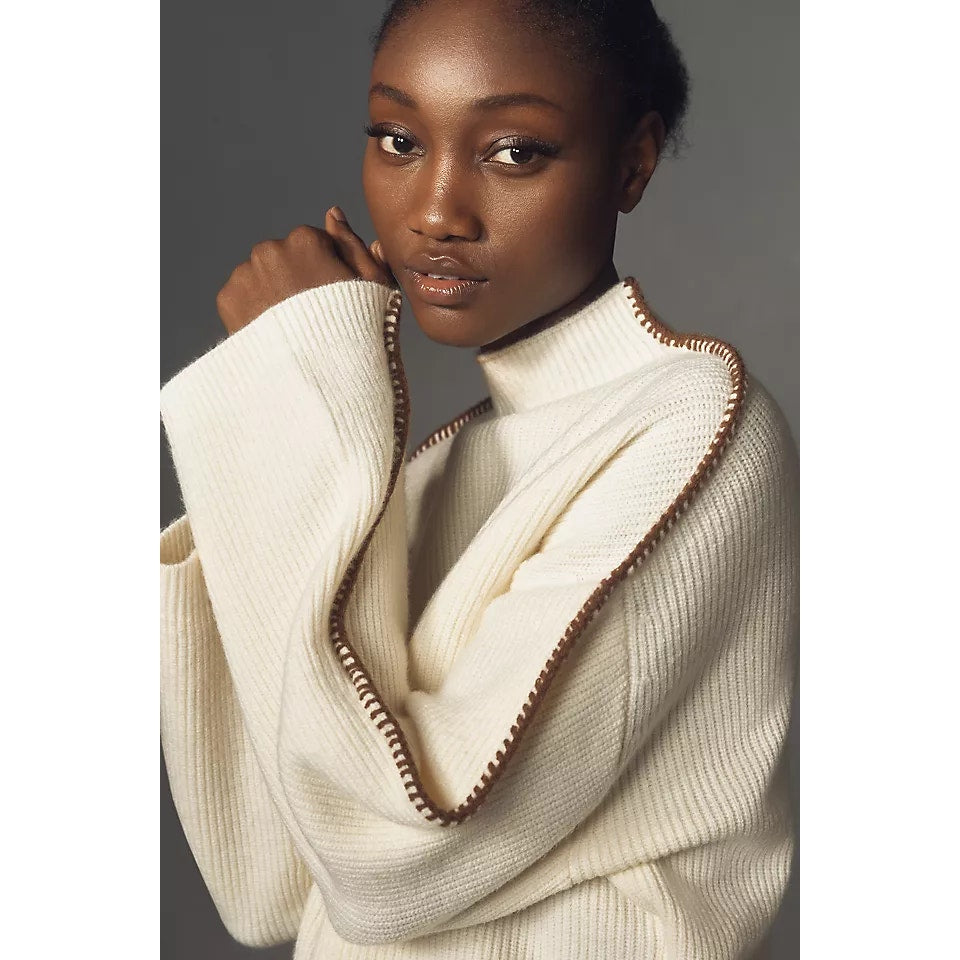 Anthropologie Long Sleeve Mock-Neck Whipstitch Pullover Sweater Cream XS