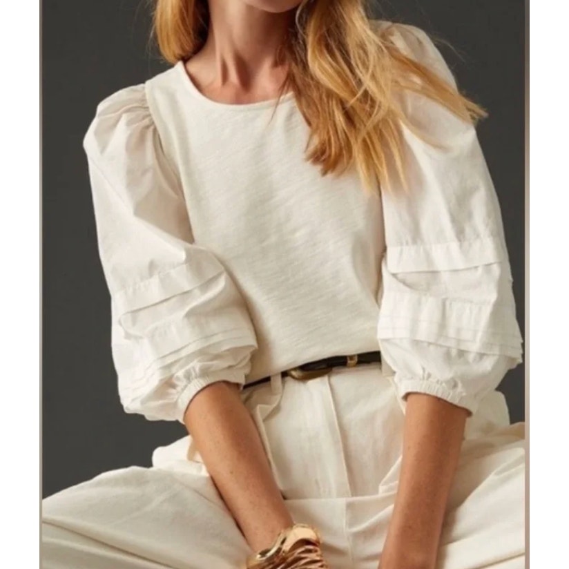 Nation LTD Gracie Pintuck Combo Tee Shirt Top in Cream Ivory XS