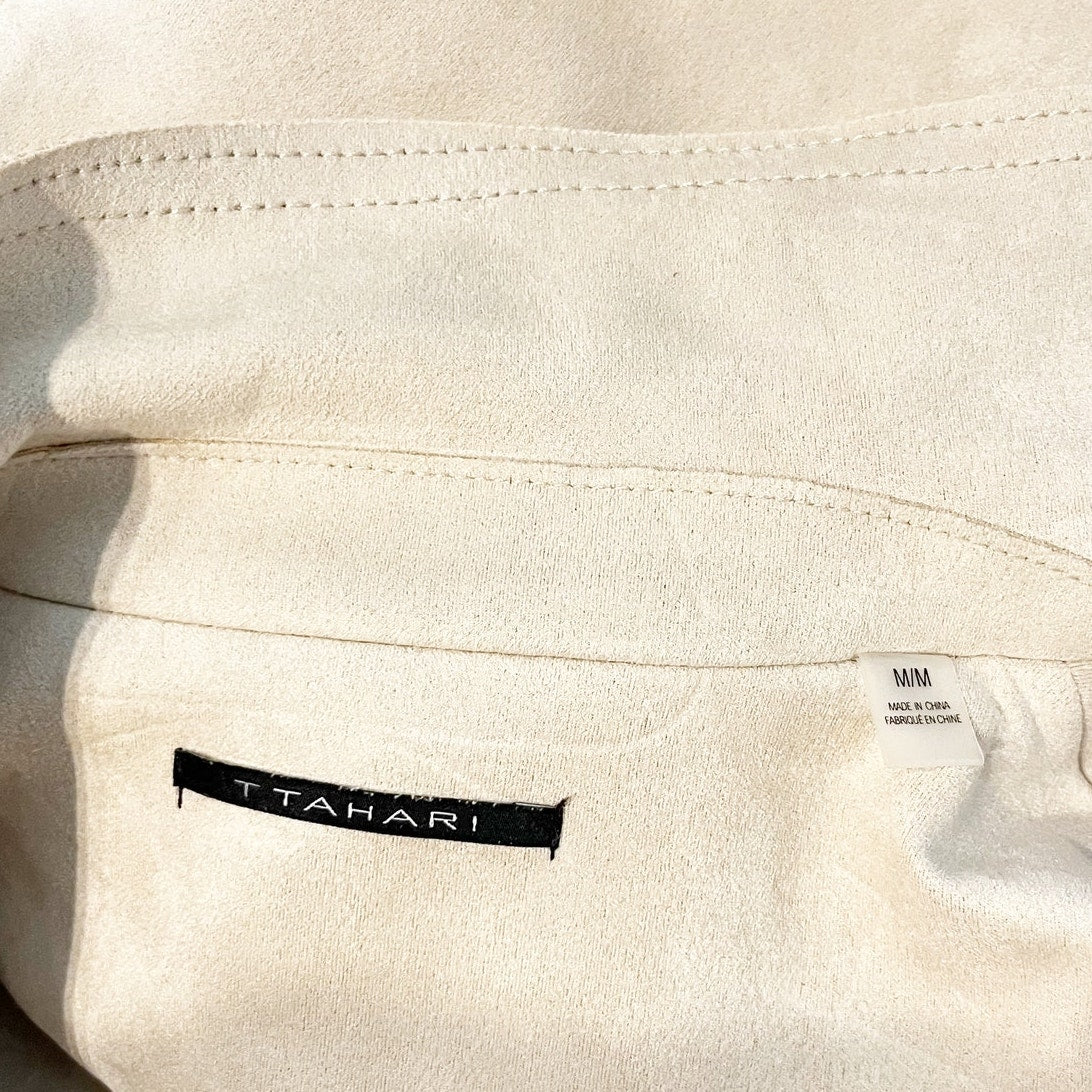 Tahari Long Sleeve Open Faux Suede Moto Jacket Tan Beige Medium