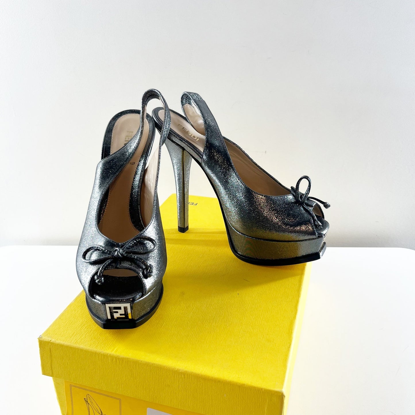 Fendi Metallic Glitter Fendista Peep Toe Stilettos Slingback Pumps Silver 38