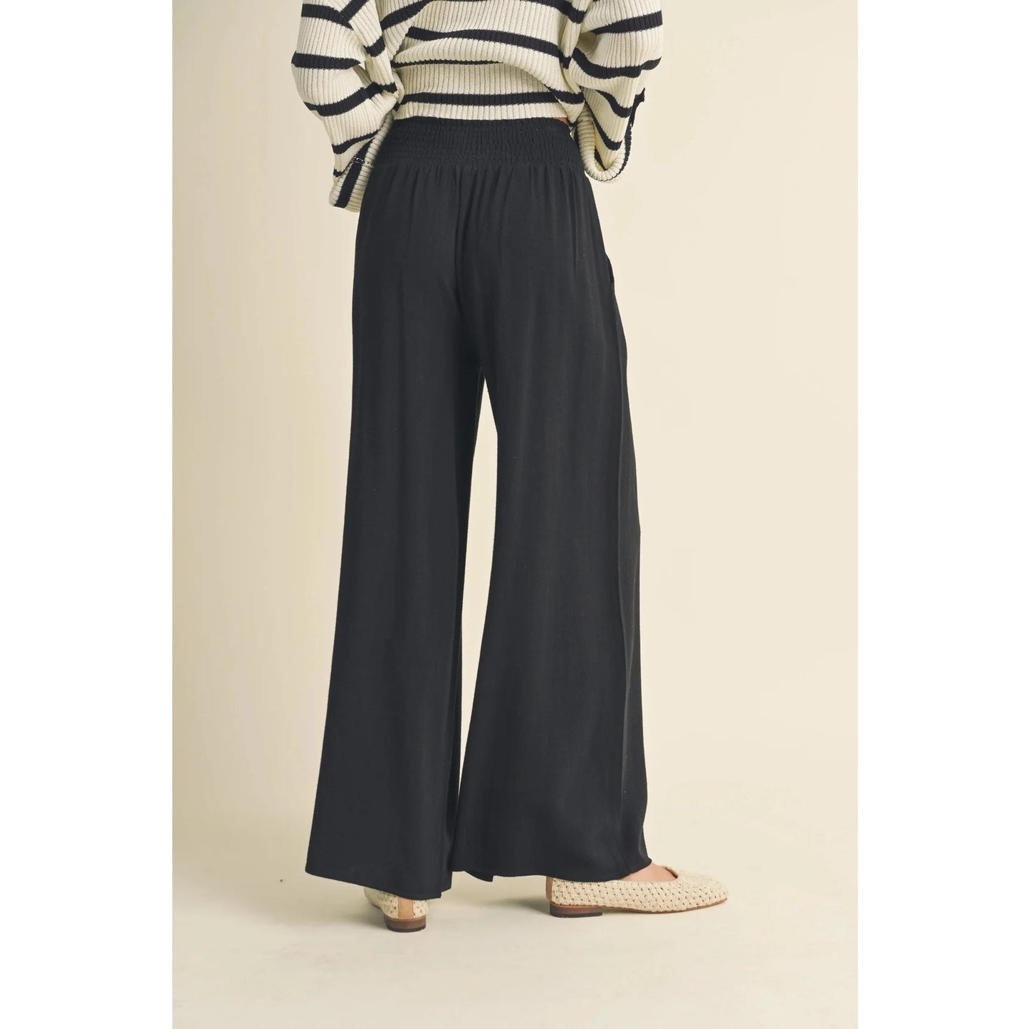 Miou Muse Cotton Linen High Rise Smocked Waist Wide Leg Pants Tassel Black Small