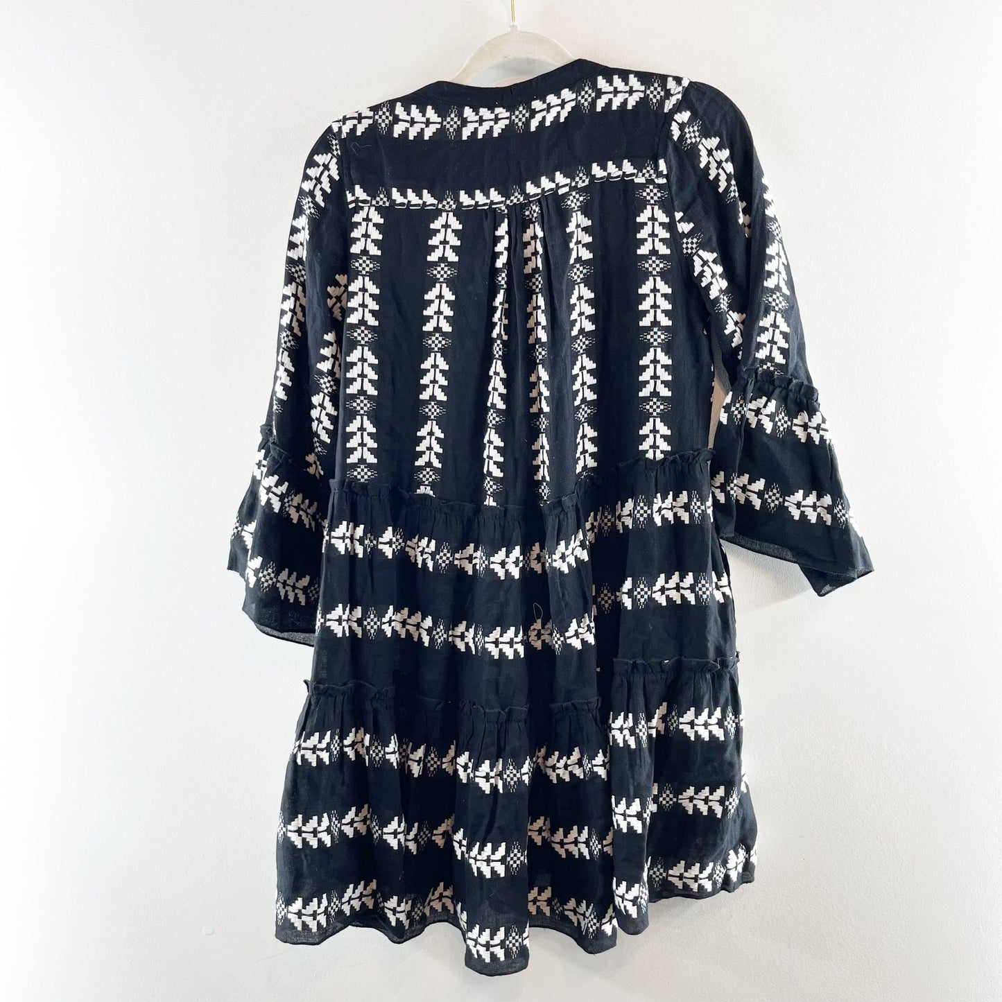 Elan 3/4 Bell Sleeve Embroidered Mini Arrow Swing Babydoll Dress Black White