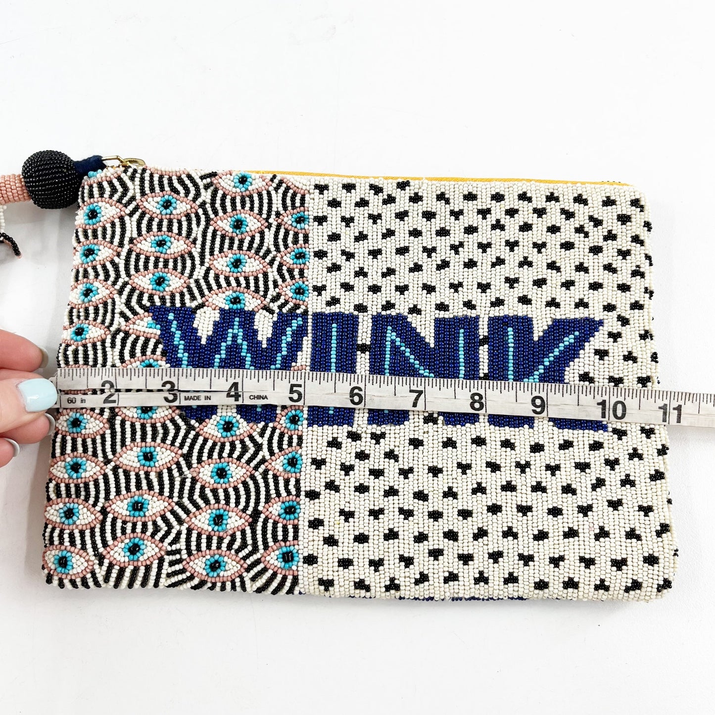 WINK Beaded Pouch Clutch Wallet with Tassel Zip Blue White