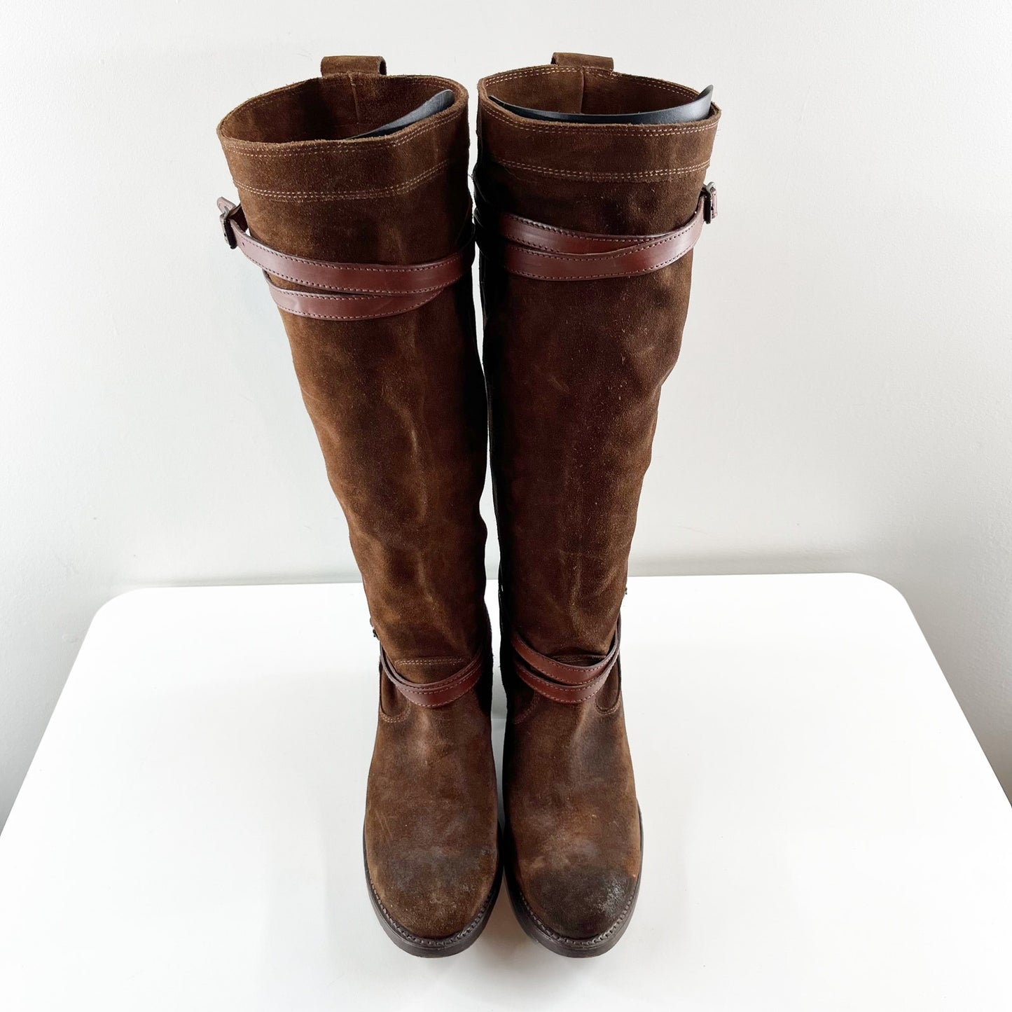 Frye Knee High Strappy Suede Leather Tall Knee High Boots Brown 10