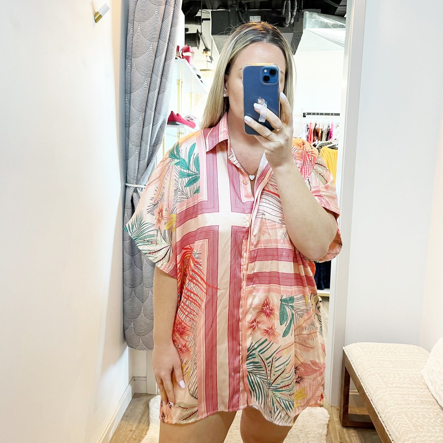 Free People Short Sleeve Button Up Tropical Tunic Blouse Pink One Size