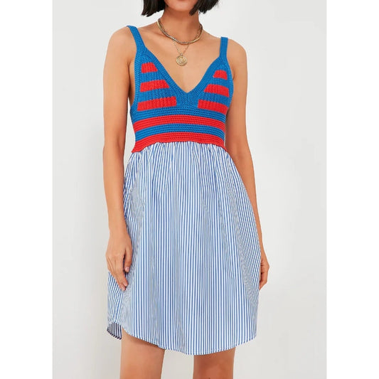 KULE The Esmee Crochet Poplin Sleeveless V-Neck Mini Dress Royal Poppy Medium