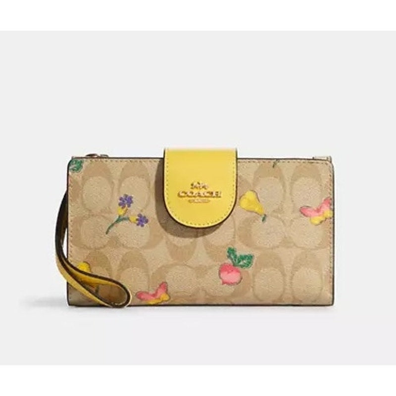 Coach Phone Wallet Wristlet Signature Canvas C Dreamy Veggie Print Yellow Tan