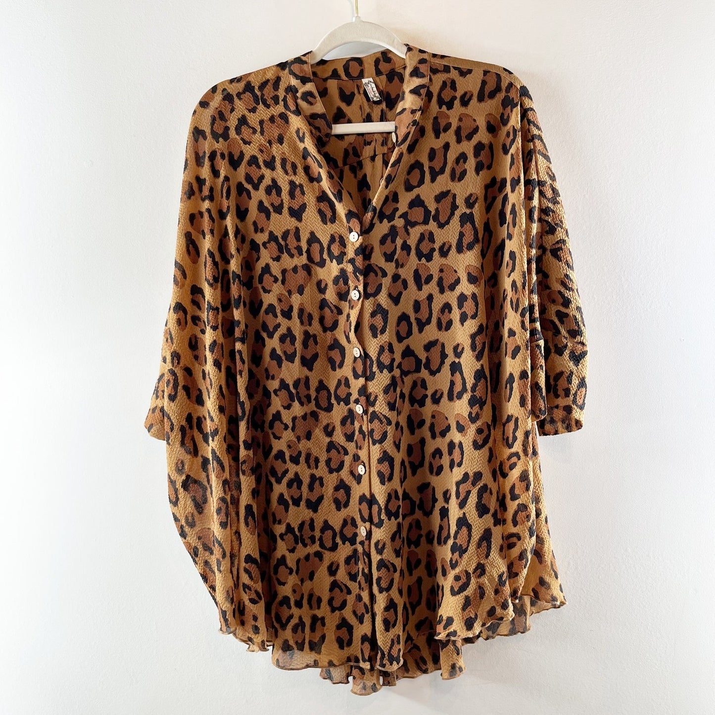 Free People Intimately 3/4 Sleeve Button Down Tunic Shirt Leopard Print Brown XS