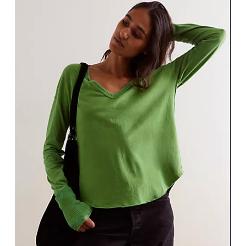 Free People Coastal Cruising Green V-Neck Long Sleeve Tee Shirt Top Small