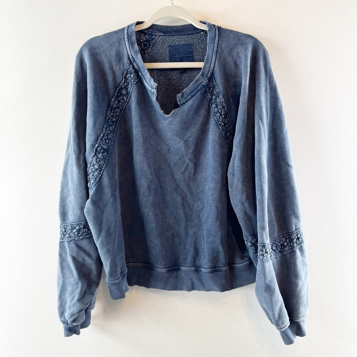 Aerie Mineral Wash V Neck Crochet Trim Oversized Sweatshirt Blue Medium