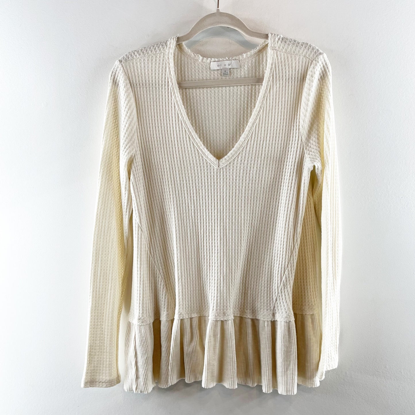 Eri + Ali by Anthropologie V-Neck Waffle Knit Peplum Top White Medium