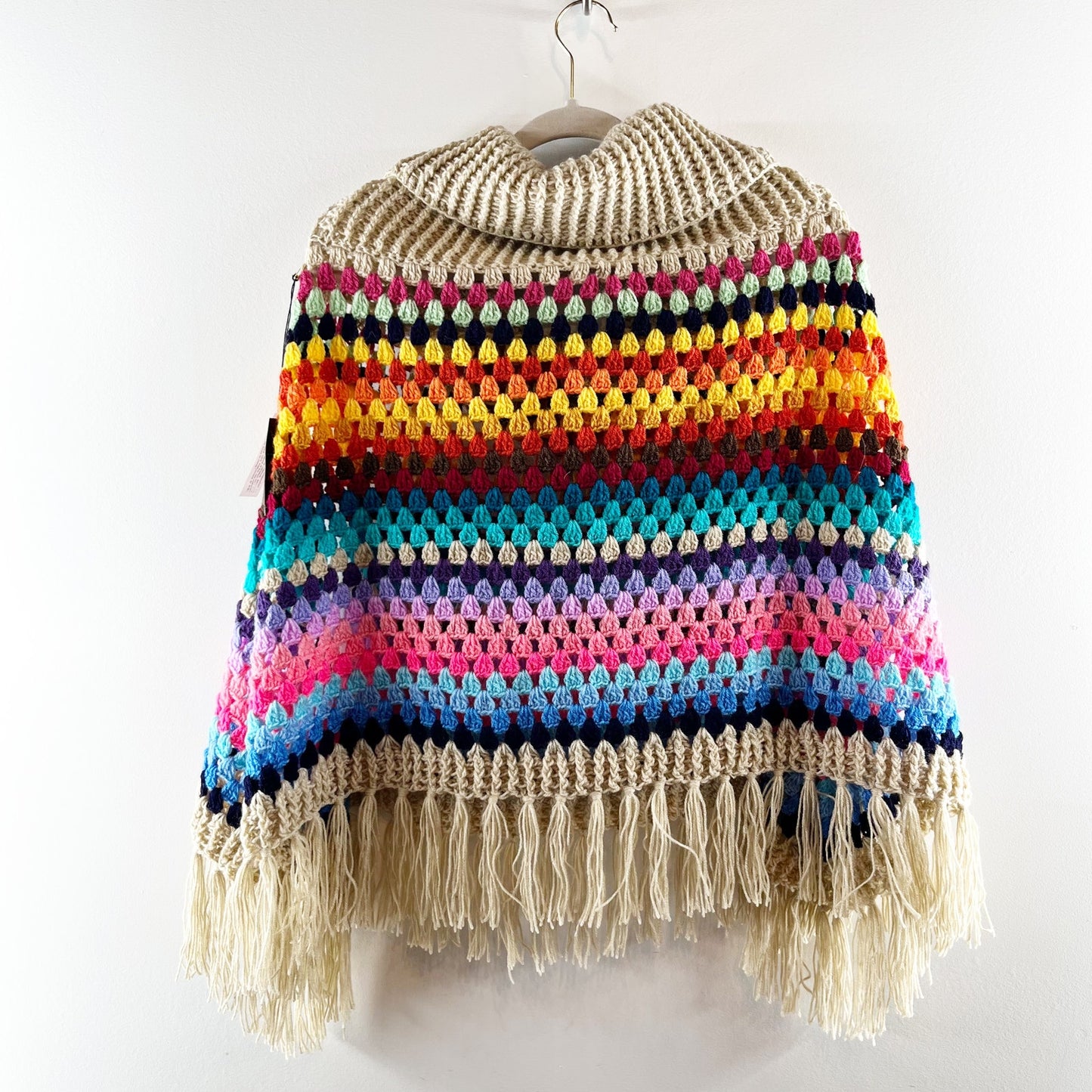 Saachi Earth to Sky Crochet Knit Poncho Rainbow Tassel Fringe Tan One Size