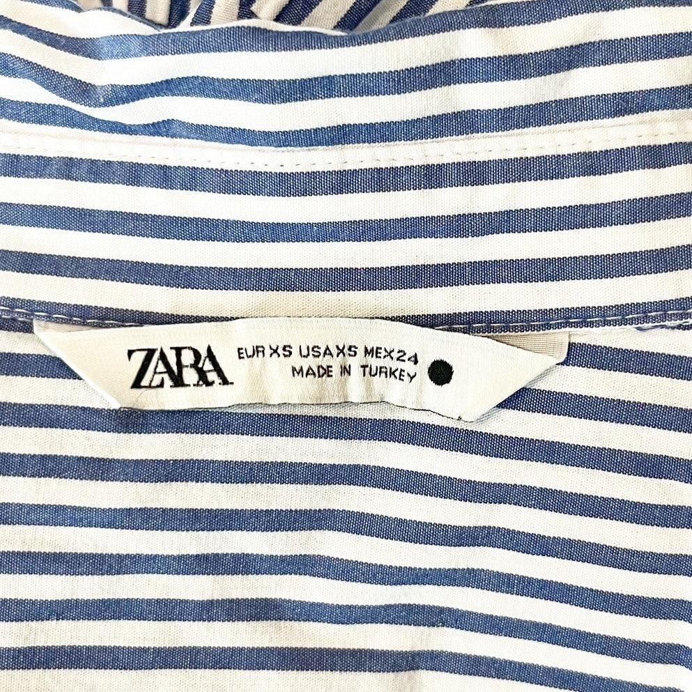 Zara Striped 3/4 Sleeve Oversized Poplin Tunic Button-Up Shirt Blue White XS