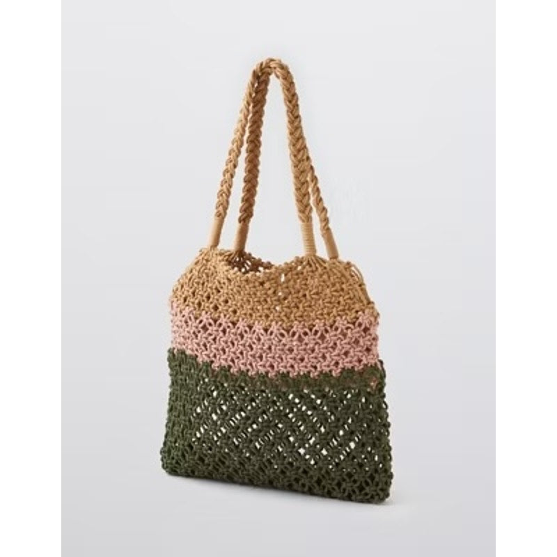 Aerie Crochet Beach Tote Bag Purse Brown Pink Green