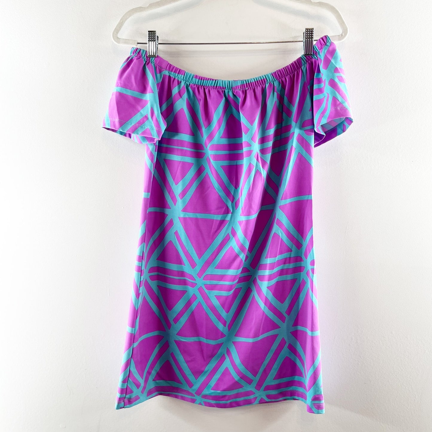 Mahi Gold Geometric Print Off-the-Shoulder A-Line Mini Dress Purple Pink XS